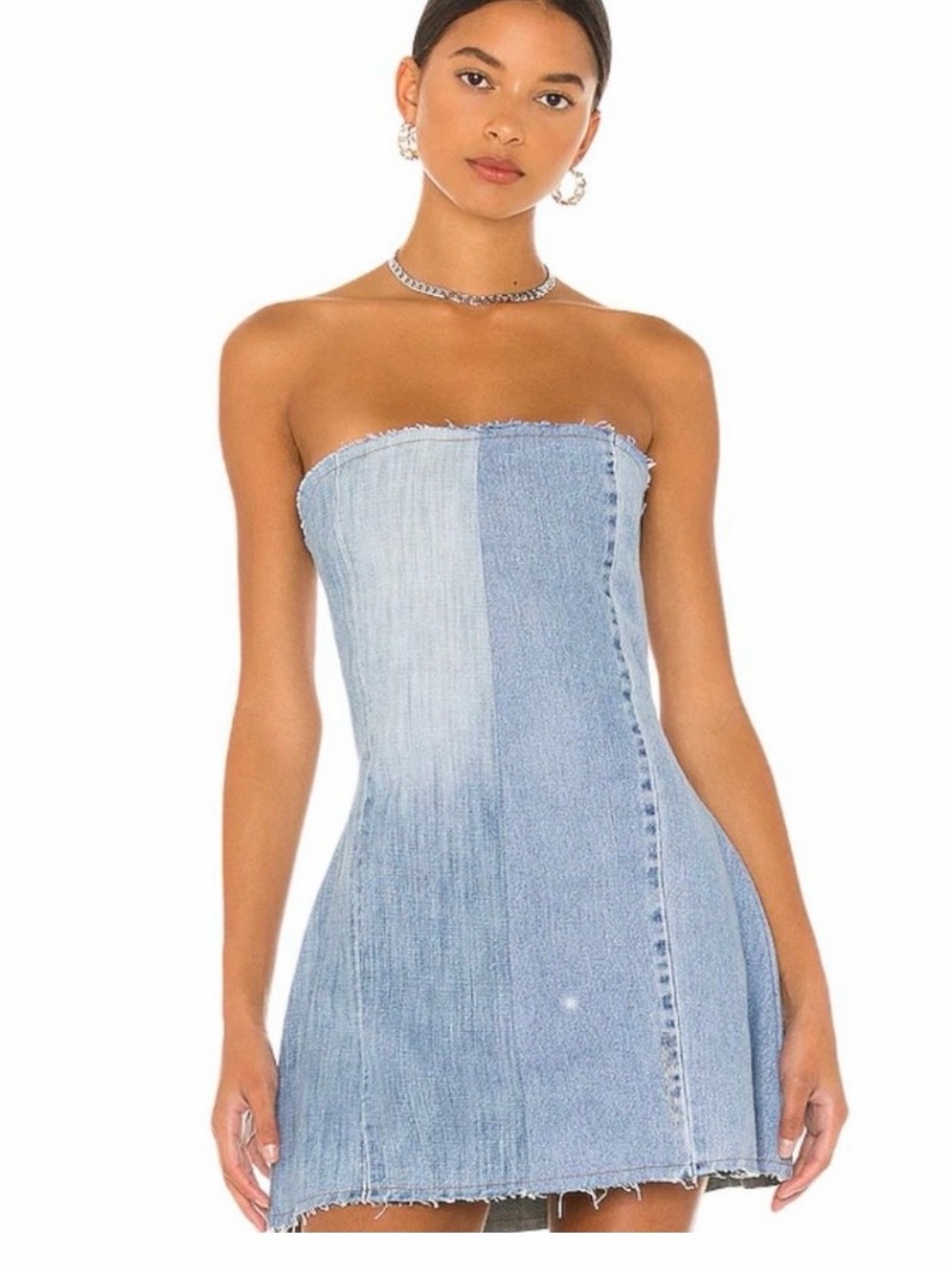 SAMI MIRO VINTAGE Two-Tone Strapless Denim Mini Dress - Light & Medium Blue